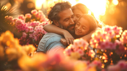 Wall Mural - Father and two daughters embracing in a garden of pink flowers at sunset, smiling warmly.