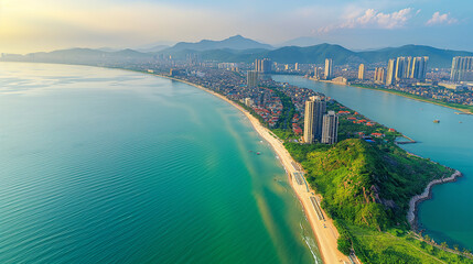 Wall Mural - Modern city skyline meeting sandy beach and lush green mountain by the sea