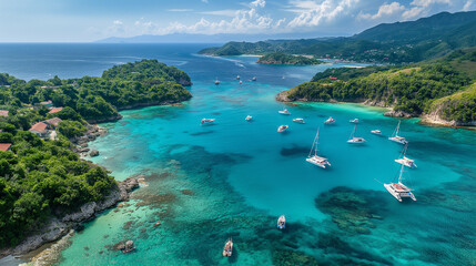 Wall Mural - Sailboats and catamarans anchoring near a tropical island