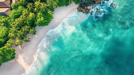 Wall Mural - Tropical beach with turquoise water meeting white sand in aerial view