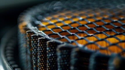 A macro shot of a highflow air filter specifically designed for turbocharged engines with a mesh surface to increase air intake.