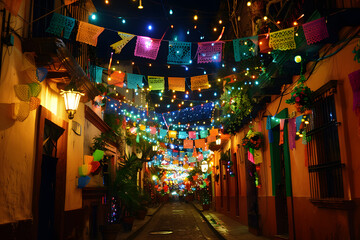 Colorful Mexican Fiesta Street Decorated with Paper Flags