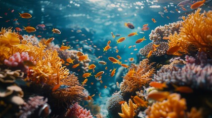 Wall Mural - underwater view of a coral reef alive with activity as fish of all shapes and sizes swim among the corals Generative AI