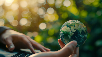 Poster - Person holding earth and laptop