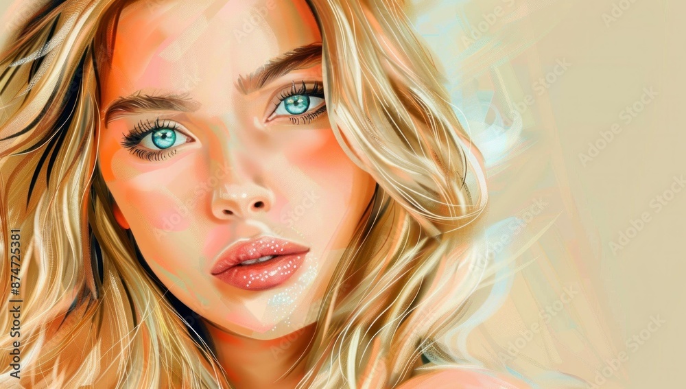 Woman with blue eyes and long blonde hair in a digital painting on a ...