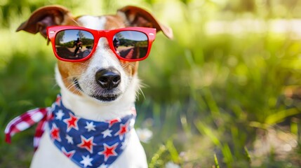 Wall Mural - Dog with red shades and American flag bandana, standing proudly in blurred outdoor setting for Memorial Day