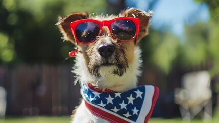 Wall Mural - Adorable dog sporting red sunglasses and a USA flag scarf, with a soft focus outdoor backdrop, representing patriotism and military honor