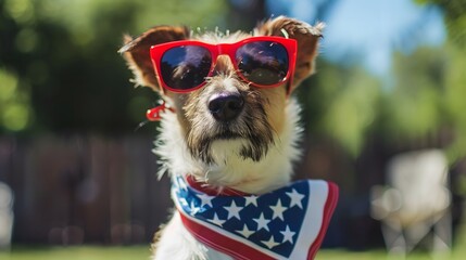 Poster - Adorable dog sporting red sunglasses and a USA flag scarf, with a soft focus outdoor backdrop, representing patriotism and military honor