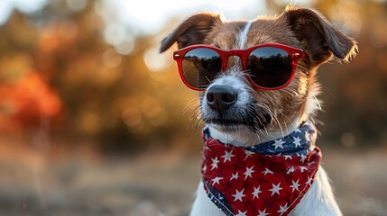 Wall Mural - Dog wearing red shades and USA flag bandana, outdoors in a soft focus background, for Memorial Day patriotism
