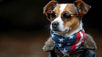 Wall Mural - Dog with red sunglasses and USA flag scarf, standing outdoors with a blurred background, symbolizing military veterans and patriotism