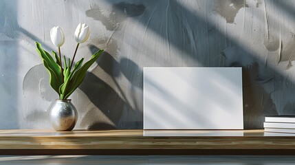 A modern, horizontal blank canvas mockup displayed on a polished oak shelf, enhanced by a sleek, silver metallic vase with a single white tulip.