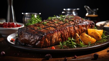 Sticker - Grilled steak with melted barbeque sauce on a black and blurry background