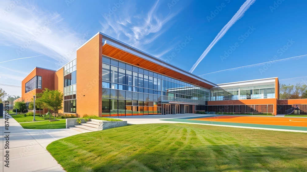 An architectural photograph of a modern school building exterior on a ...