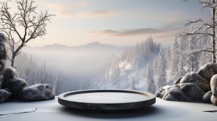 Wall Mural - podium product stand or display with rock, snow, sky background and cinematic light