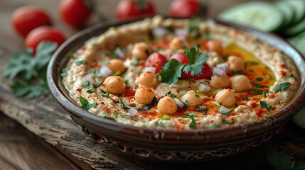 Wall Mural - **A plate of hummus with raw vegetables