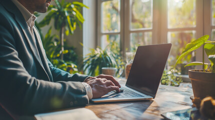 Poster - Person typing on laptop at table with potted plant