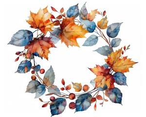 an autumn leaf wreath clipart, decorative element, watercolor style, mixed colors, isolated on white background