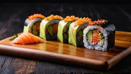 Wall Mural - Elegant Sushi Platter Arrangement on Artisanal Wooden Board