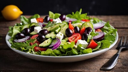 Poster - Fresh and Vibrant Salad Arrangement Over Wooden Surface, Enhanced by Feta, Olives, Cucumber, Tomatoes, and Red Onions