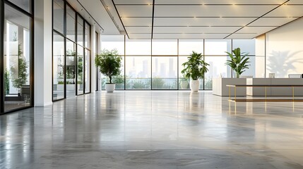 Wall Mural - modern office interior with glass walls, large windows and polished concrete floor. the space is wel