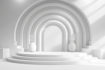 Poster - An all-white modern stage with arched backdrop and decorative plants, on a soft-lit background, as a minimalistic presentation concept. Generative AI