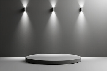 Poster - A circular pedestal with spotlights on a gray background, concept of modern showcase. Generative AI