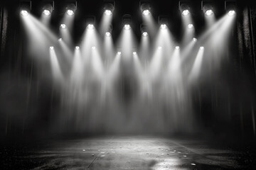 Poster - Stage lights beaming down on an empty asphalt floor with a dark background, emphasizing the concept of performance. Generative AI