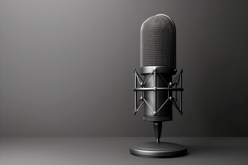 Poster - A studio microphone on a gray background, reflecting a concept of audio recording. Generative AI