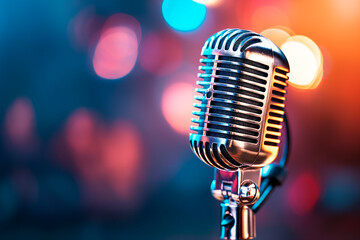 Poster - Close-up of a vintage microphone against a bokeh light background, highlighting concepts of music and performance. Generative AI