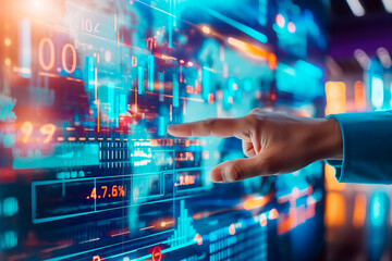 Poster - A person interacts with futuristic holographic financial data on a digital interface, concept of technology in finance. Generative AI