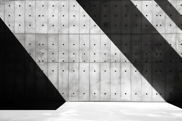 Canvas Print - Black and white photo of concrete walls with shadow patterns, minimalist aesthetic on a solid background, concept of light and architecture. Generative AI