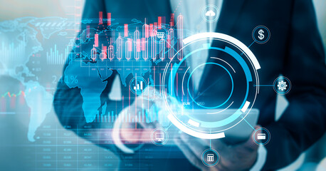 Poster - Businessperson with futuristic digital finance interface, creative on a blur background, concept of technology. Generative AI