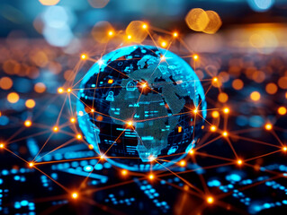 Poster - Digital globe with network connections, bokeh background, representing global communication technology. Generative AI
