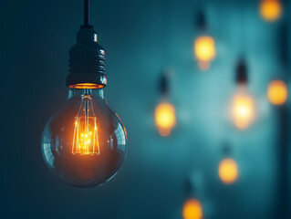 Poster - Glowing light bulbs on blue background, one bulb in focus, concept of ideas and innovation. Generative AI