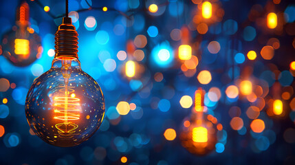 Poster - Illuminated light bulb against a bokeh light background, showcasing a concept of ideas and creativity. Generative AI