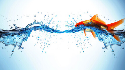 Poster - Goldfish leaping amidst splashing blue water against a white background, a creative concept of freedom. Generative AI