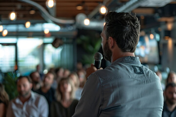 Man speaking into a microphone to an engaged audience, intimate setting with warm lighting, emphasizing connection and communication