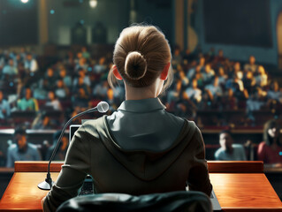 Poster - A speaker facing an audience from a podium in a conference hall, with a microphone and laptop, focus on leadership. Generative AI