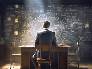 Aufkleber - A man seated facing a chalkboard filled with complex mathematical equations, bathed in dramatic light, embodying the concept of deep thought or problem solving. Generative AI
