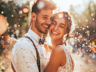 Poster - A joyful couple celebrating with confetti, natural daylight, blurred bokeh background, concept of happiness. Generative AI