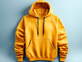 Wall Mural - A yellow hoodie mockup on a clean blue background, ideal for branding and design presentations. Generative AI