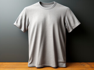Poster - A grey t-shirt mockup on a wooden surface against a dark grey background, ideal for branding presentations. Generative AI