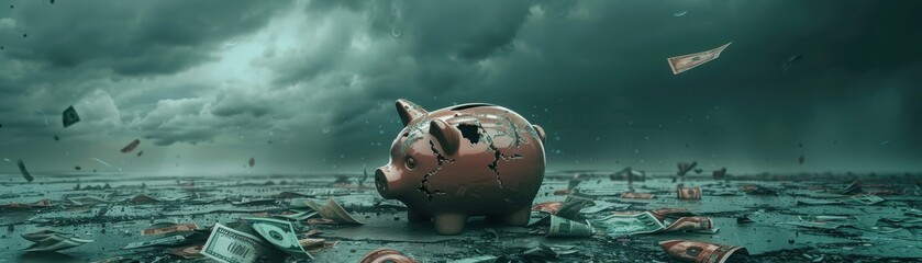 Piggy bank broken, banknotes strewn, dark foreboding sky, realistic financial despair