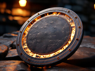 Aufkleber - A circular metallic object with glowing lights on a rocky surface, dark bokeh background, concept of mystery. Generative AI
