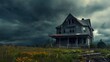 © kitidach - Abandoned house for sale, dark stormy sky background, realistic financial hardship scene
