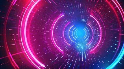 Poster - Futuristic vector background with neon light rings and glowing particle effects.