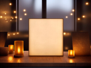 Aufkleber - A blank mockup canvas surrounded by lit candles on a wooden surface with a bokeh light background, conveying a warm, cozy atmosphere. Generative AI