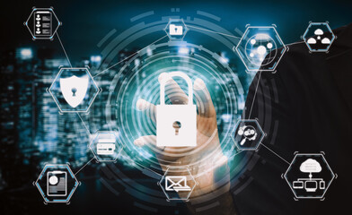 Poster - cyber security and digital data protection concept. icon interface showing secure firewall technolog