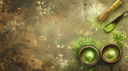 Wall Mural - Green matcha powder for making drink on wooden background	