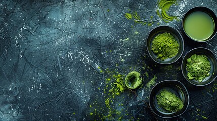 Wall Mural - Green matcha powder for making drink on wooden background	